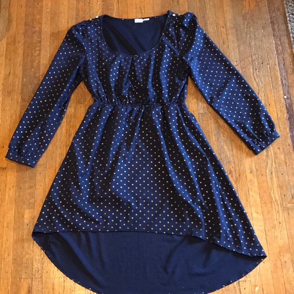 Charming Charlie Dresses & Skirts - High low navy dress with gold polka dots medium